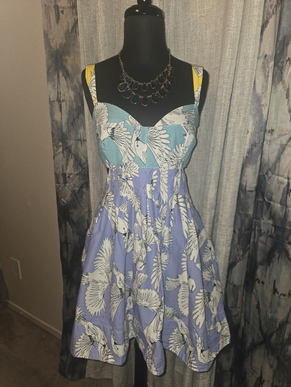 Anthropologie Crane-Print Mini Dress in Lavender, Teal & Yellow